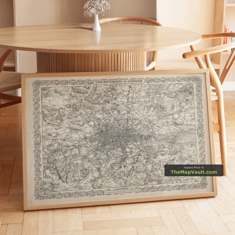 Old Map of London and Suburbs in 1886 by G.W. Colton - Westminster, Greenwich, Hampstead, Woolwich - unframed print in a room setting, view 1