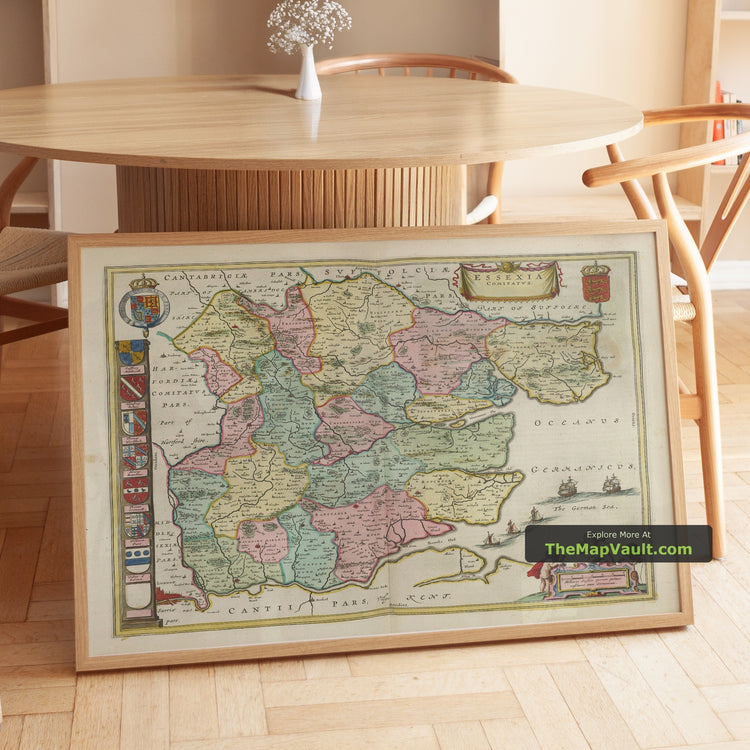 Old Map of Essex in 1665 by Joan Blaeu - Colchester, Chelmsford, Basildon, Southend, North London - unframed print in a room setting, view 1