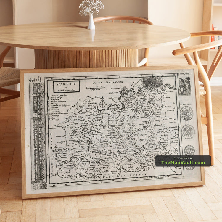 Old Map of Surrey in 1724 by Herman Moll - Guildford, Woking, Croydon, Richmond, Southwark - unframed print in a room setting, view 1