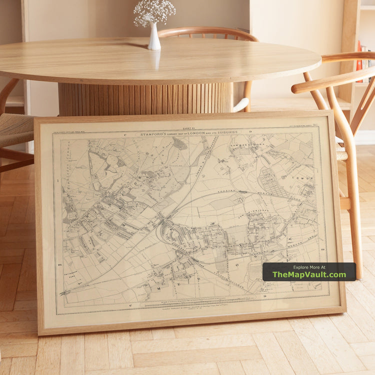Old Map of South West London in 1862 by Edward Stanford - Wimbledon, Merton, Summerstown - unframed print in a room setting, view 1