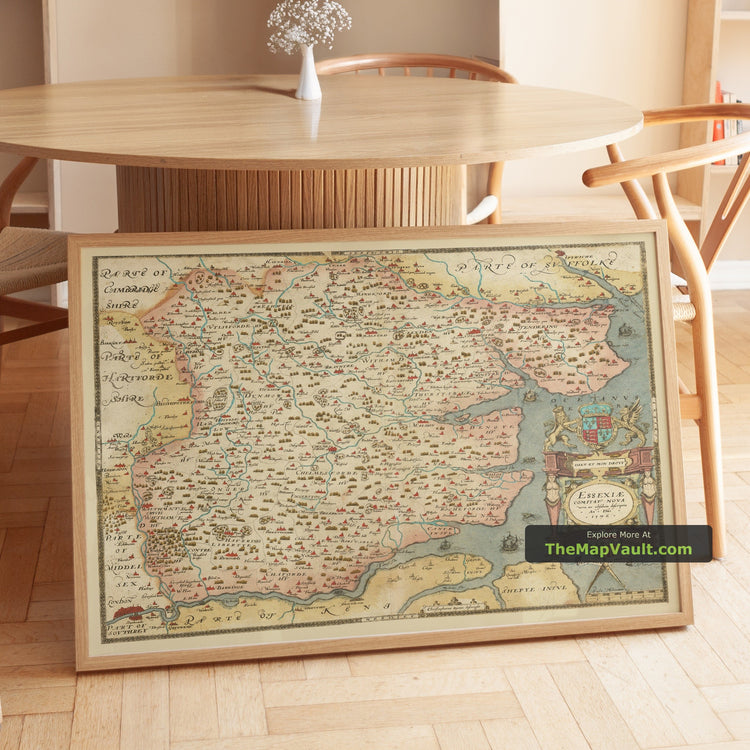 Old Map of Essex in 1579 by Christopher Saxton - The First Map of Essex, Romford, Dagenham, Brentwood - unframed print in a room setting, view 1