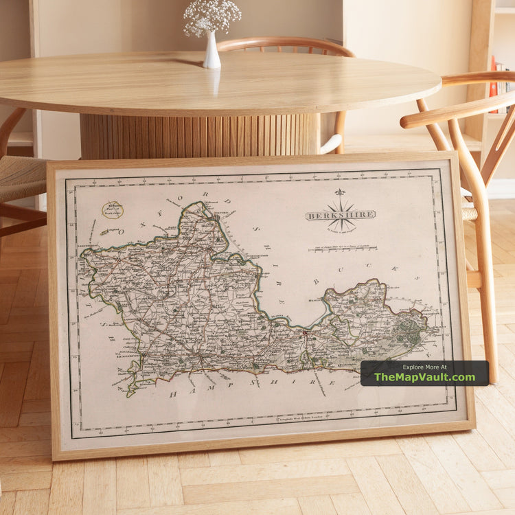 Old Map of Berkshire in 1844 by Samuel Lewis - Reading, Windsor, Newbury, Abingdon, Henley-on-Thames - unframed print in a room setting, view 1