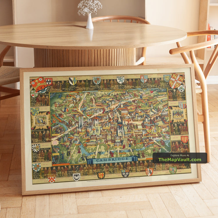 Old Pictorial Map of Cambridge in 1948 by Lee - King's College, River Cam, Bridge of Sighs, Trinity College - unframed print in a room setting, view 1