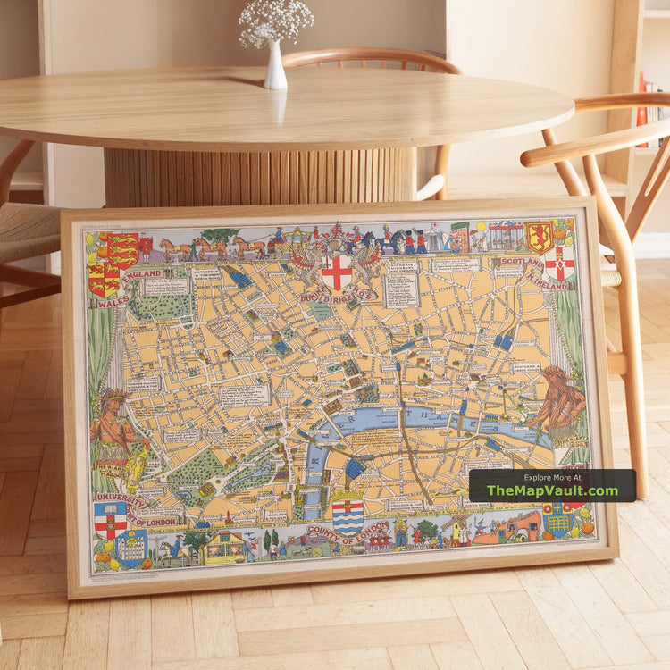 Old Map of London in 1938 by L.G. Bullock - Tower of London, St Paul's Cathedral, Westminster, Hyde Park, The Thames - image 1