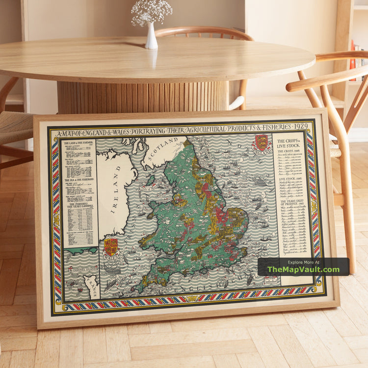 Old Map of Agriculture and Fisheries in England and Wales in 1928 by Macdonald Gill - Poultry, Dairy, Crops, Produce, Farms - image 1