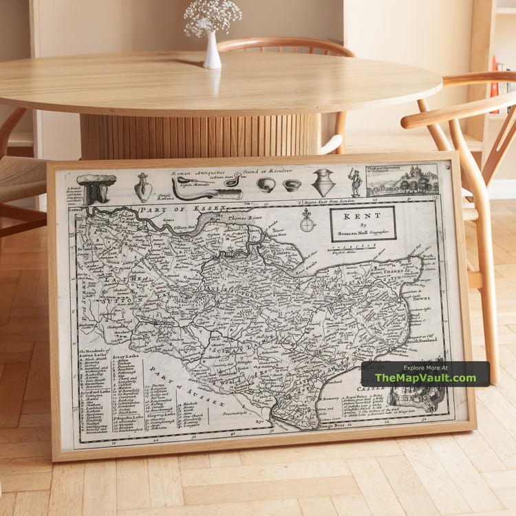 Old Map of Kent in 1724 by Herman Moll - Chatham, Gillingham, Dartford, Maidstone, Bromley, Tunbridge - image 1
