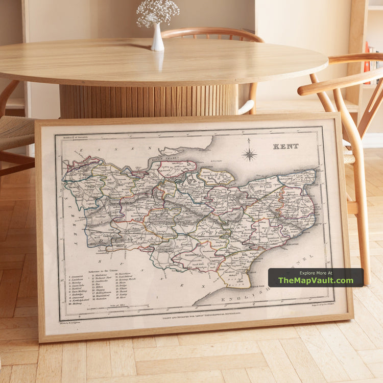 Old Map of Kent in 1844 by Samuel Lewis - Ashford, Royal Tunbridge Wells, Maidstone, Gillingham, Margate - image 1