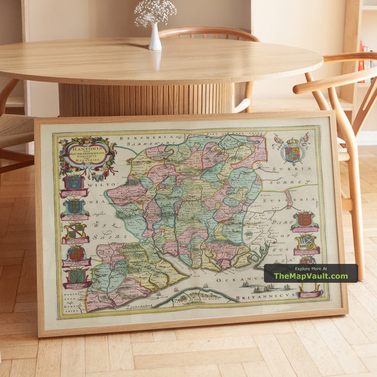 Old Map of Hampshire in 1665 by Joan Blaeu - Winchester, Portsmouth, Southampton, Basingstoke - image 1