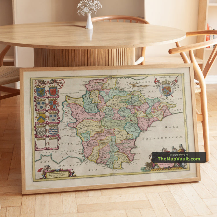 Old Map of Devon in 1665 by Joan Blaeu - Plymouth, Exeter, Torquay, Barnstaple - image 1
