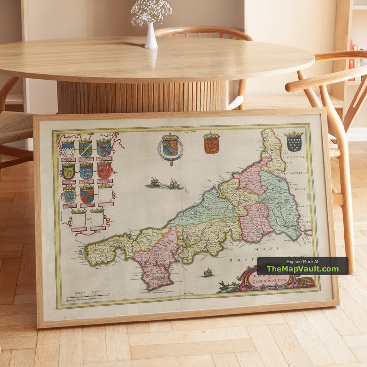 Old Map of Cornwall in 1665 by Joan Blaeu - Penzance, St Ives, Falmouth, Land's End, Padstow - image 1