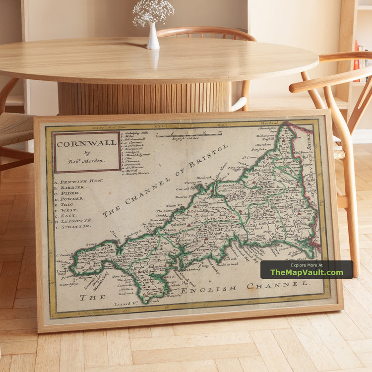 Old Map of Cornwall in 1722 by Robert Morden - Truro, Falmouth, Penzance, Bodmin Moor, Land's End - image 1