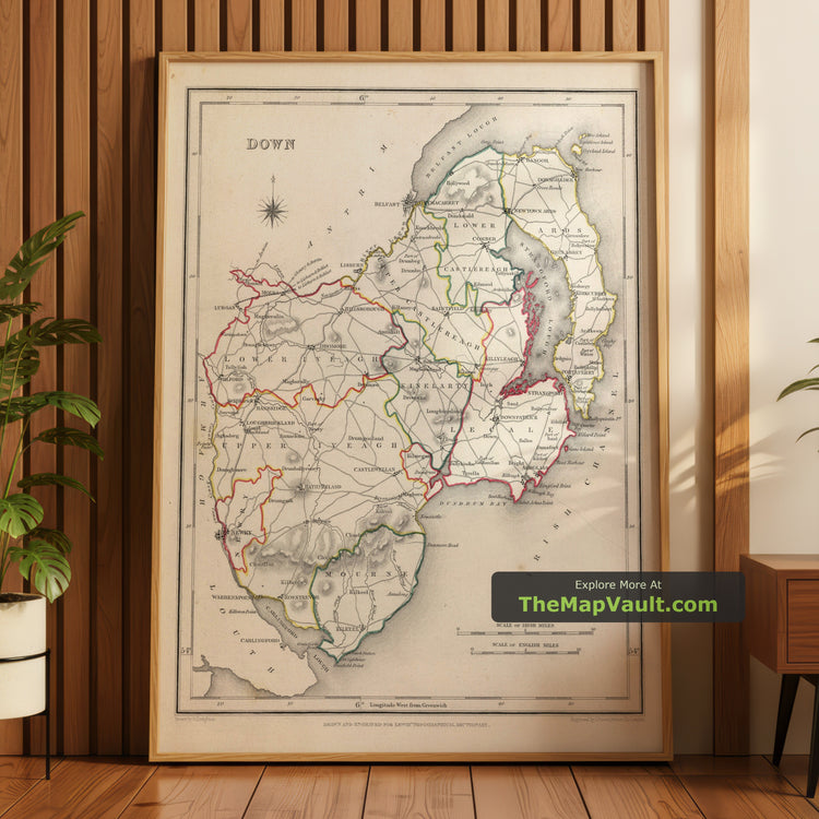 Old Map of County Down in 1844 by Lewis - Belfast, Bangor, Newtownards - image 1
