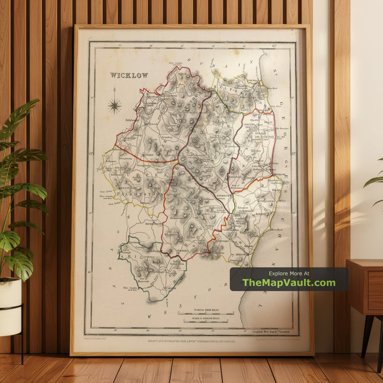 Old Map of County Wicklow in 1844 by Samuel Lewis - Bray, Arklow, Glendalough, Topographical Dictionary Edition - image 1