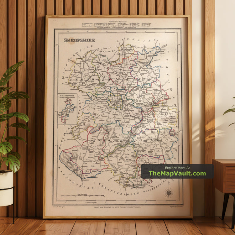 Old Map of Shropshire in 1844 by Samuel Lewis - Shrewsbury, Telford, Wellington, Market Drayton, Ludlow - image 1
