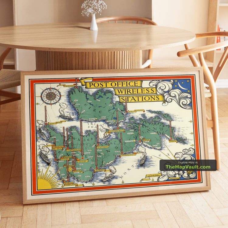 Old Pictorial Map of the Post Office Wireless Stations in 1939 by Macdonald Gill - British Isles, GPO, Radio - image 1