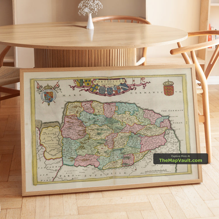Old Map of Norfolk in 1665 by Joan Blaeu - Norwich, Great Yarmouth, King's Lynn, Swaffham, Fakenham - image 1