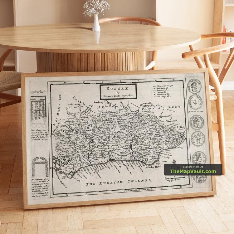 Old Map of Sussex in 1724 by Herman Moll - Worthing, Crawley, Brighton, Bognor, Eastbourne - image 1