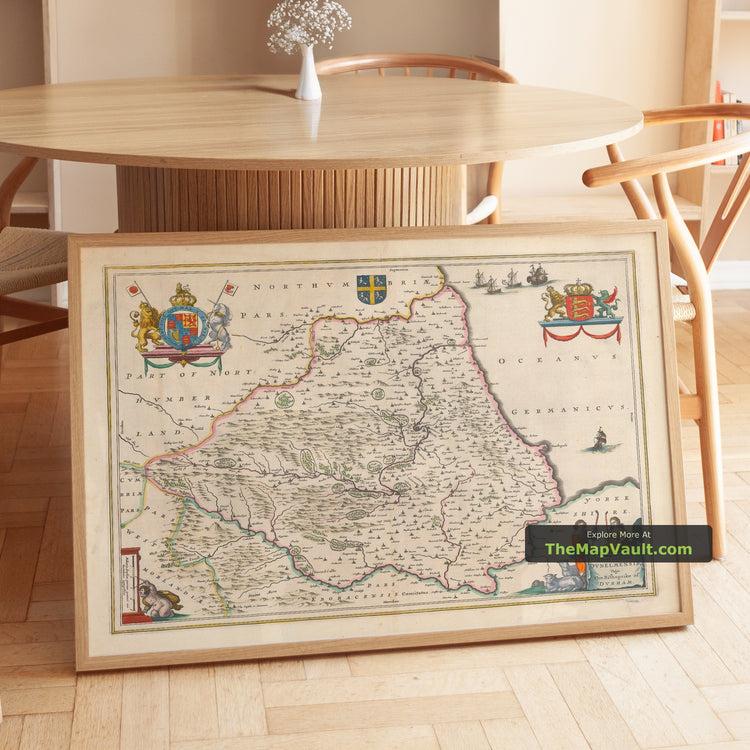 Old Map of County Durham in 1665 by Joan Blaeu - Darlington, Stockton-on-Tees, Sunderland, Hartlepool, Newcastle - image 1