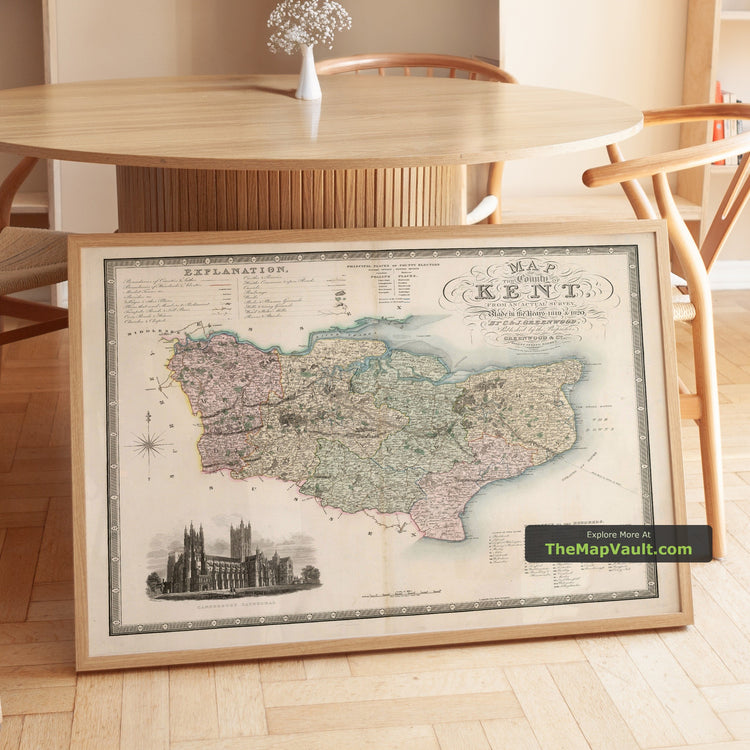 Old Map of Kent in 1829 by Greenwood & Co. - Canterbury, Maidstone, Tunbridge, Margate - image 1