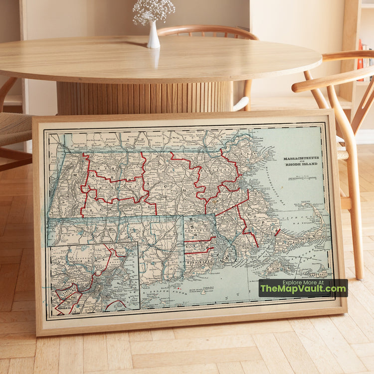 Massachusetts & Rhode Island Map 1893 Regional Print - Boston, Providence, Worcester - image 1