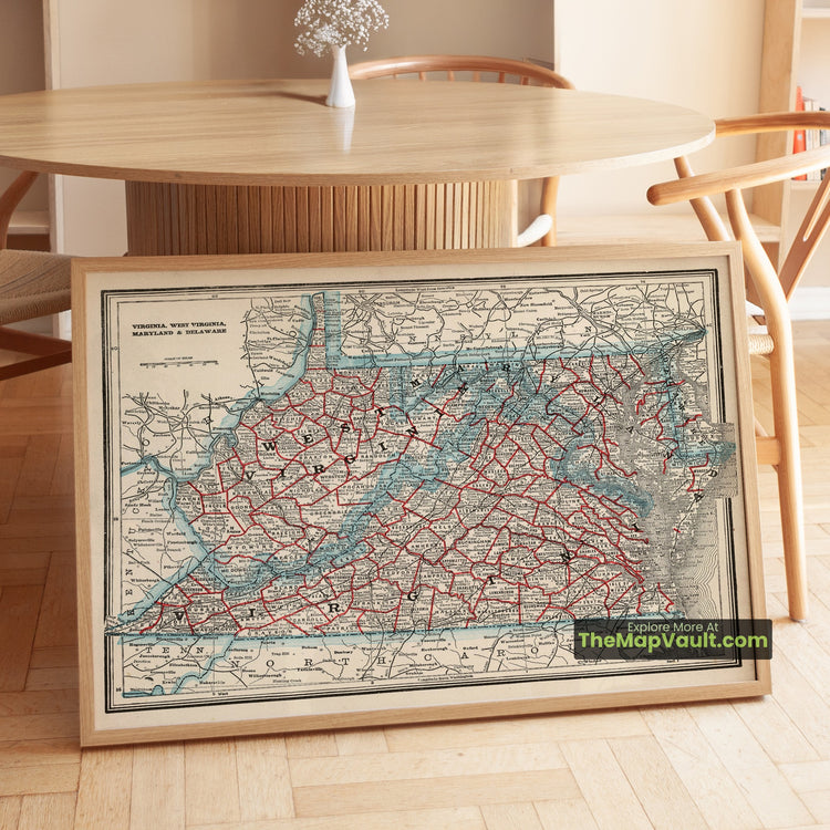 Virginia, West Virginia, Maryland & Delaware Map 1893 Regional Print - Richmond, Charleston, Baltimore, Wilmington - image 1