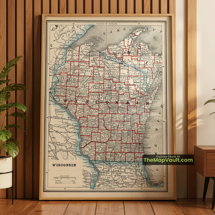 Wisconsin Map 1893 State Print - Milwaukee, Madison, Green Bay - image 1
