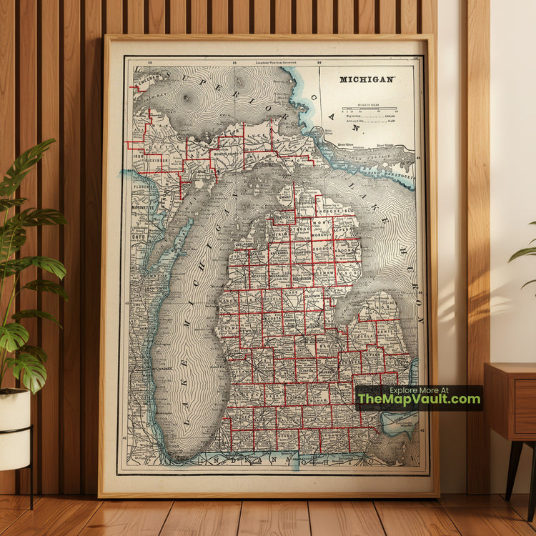 Michigan Map 1893 State Print - Detroit, Grand Rapids, Lansing - image 1