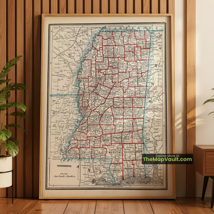 Mississippi Map 1893 State Print - Jackson, Vicksburg, Biloxi - image 1