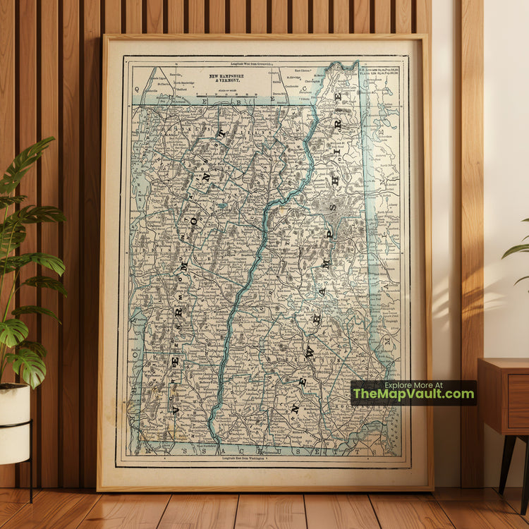 New Hampshire & Vermont Map 1893 Regional Print - Concord, Montpelier, Manchester - image 1