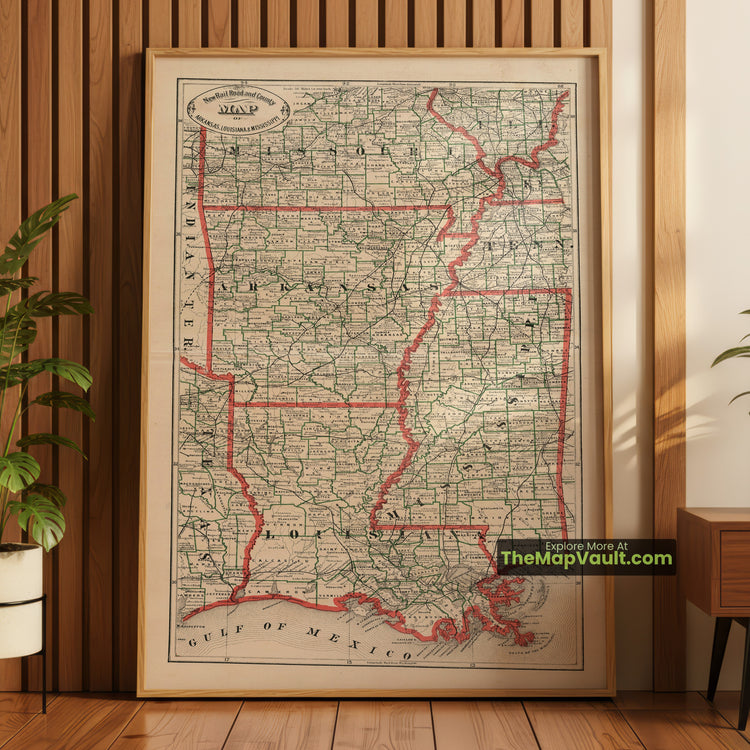 Arkansas, Louisiana & Mississippi Map 1883 Railroad Print - Little Rock, New Orleans, Jackson - image 1