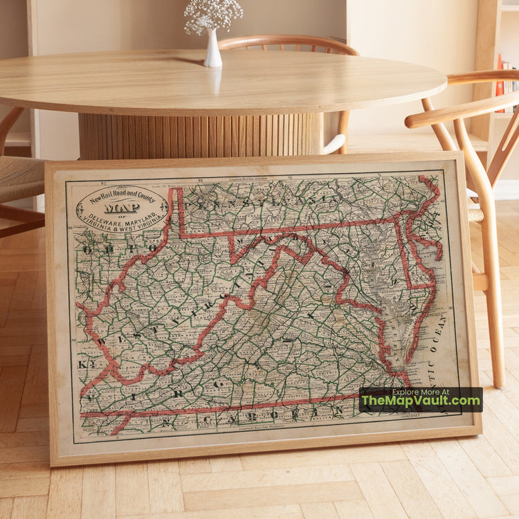 Delaware, Maryland, Virginia & West Virginia Map 1883 Railroad Print - Dover, Baltimore, Richmond, Charleston - image 1