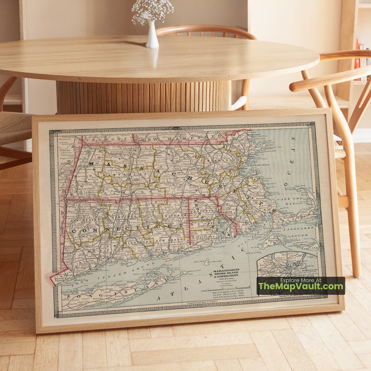 Massachusetts, Rhode Island & Connecticut Map 1883 Regional Print - Boston, Providence, Hartford - image 1