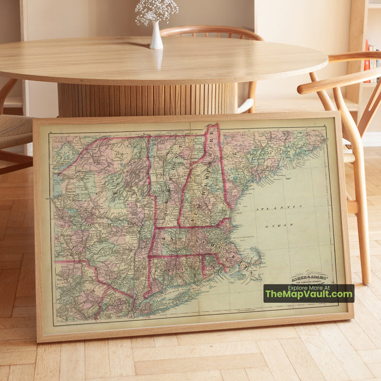 New Hampshire, Vermont, Massachusetts, Rhode Island & Connecticut Map 1874 Regional Print - Concord, Montpelier, Boston, Providence, Hartford - image 1