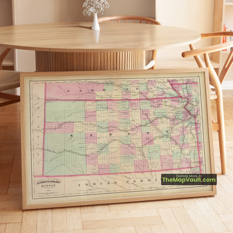 Kansas Map 1874 State Print - Topeka, Wichita, Lawrence - image 1