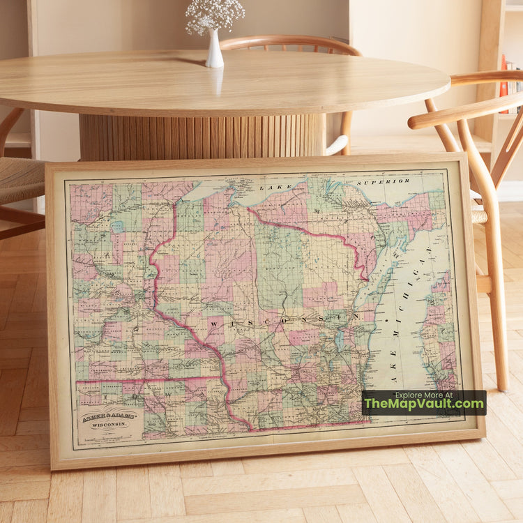 Wisconsin Map 1874 State Print - Madison, Milwaukee, Green Bay - image 1