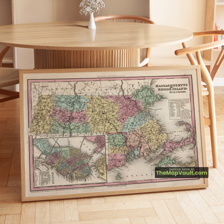 Massachusetts & Rhode Island Map 1841 Regional Print - Boston, Providence, Cape Cod - image 1
