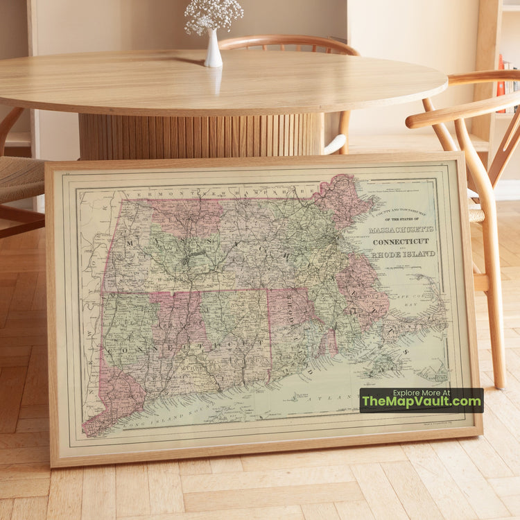 Massachusetts, Connecticut & Rhode Island Map 1884 Township Print - Boston, Hartford, Providence - image 1
