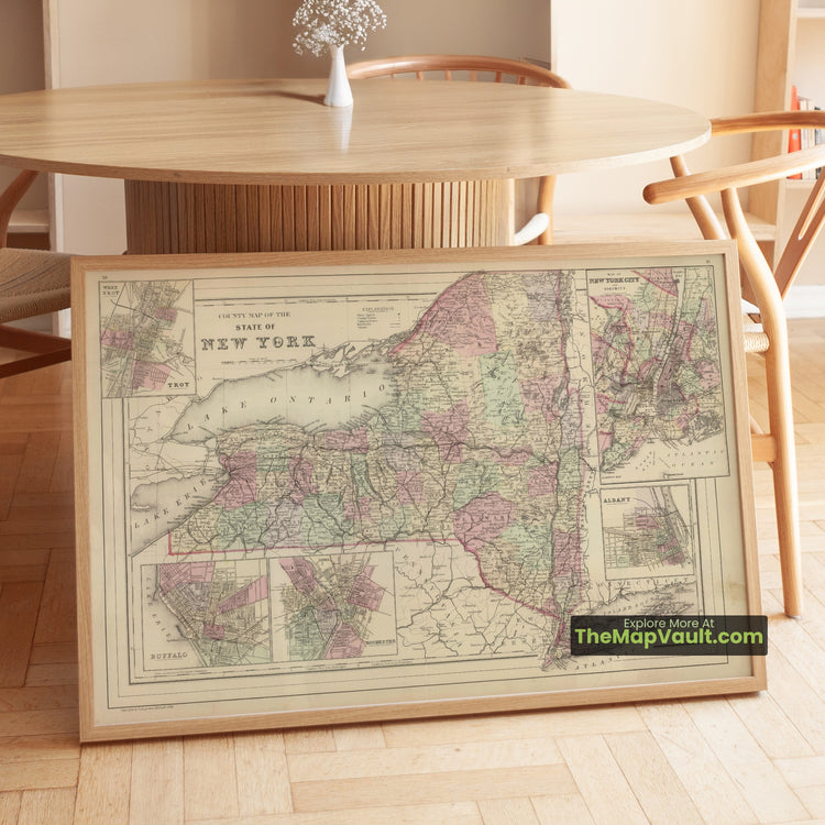 New York Map 1884 County Print - Albany, Rochester, Buffalo, Troy - image 1