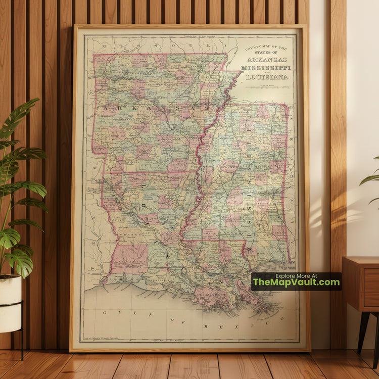 Arkansas, Mississippi & Louisiana Map 1884 County Print - Little Rock, Jackson, New Orleans - image 1