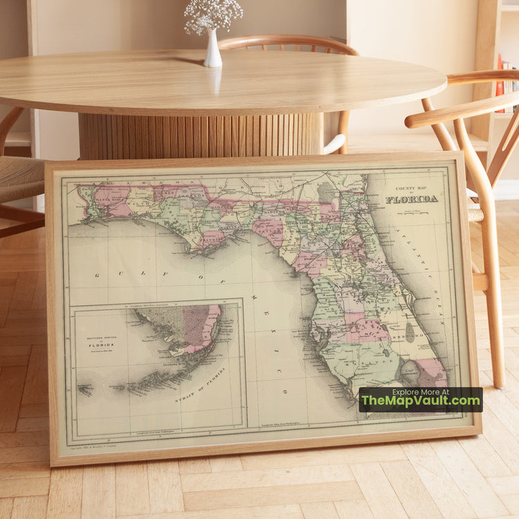 Florida Map 1882 County Print - Jacksonville, Tallahassee, Key West - image 1