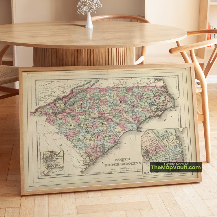 North & South Carolina Map 1884 Regional Print - Charleston, Raleigh, Columbia - image 1
