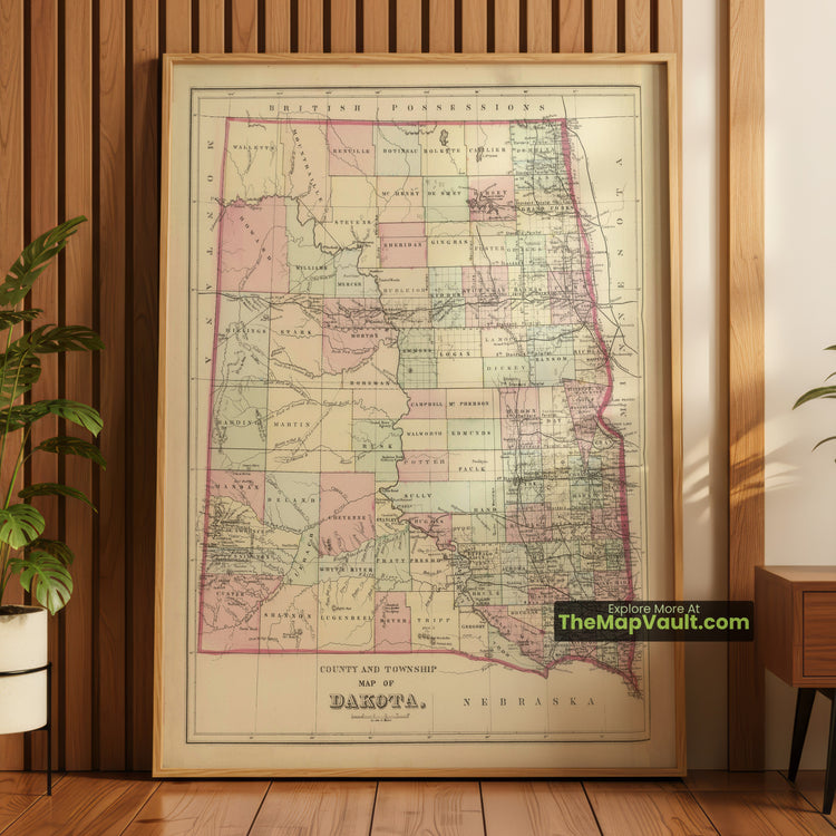 Dakota Map 1884 Township Print - Bismarck, Yankton, Deadwood - image 1