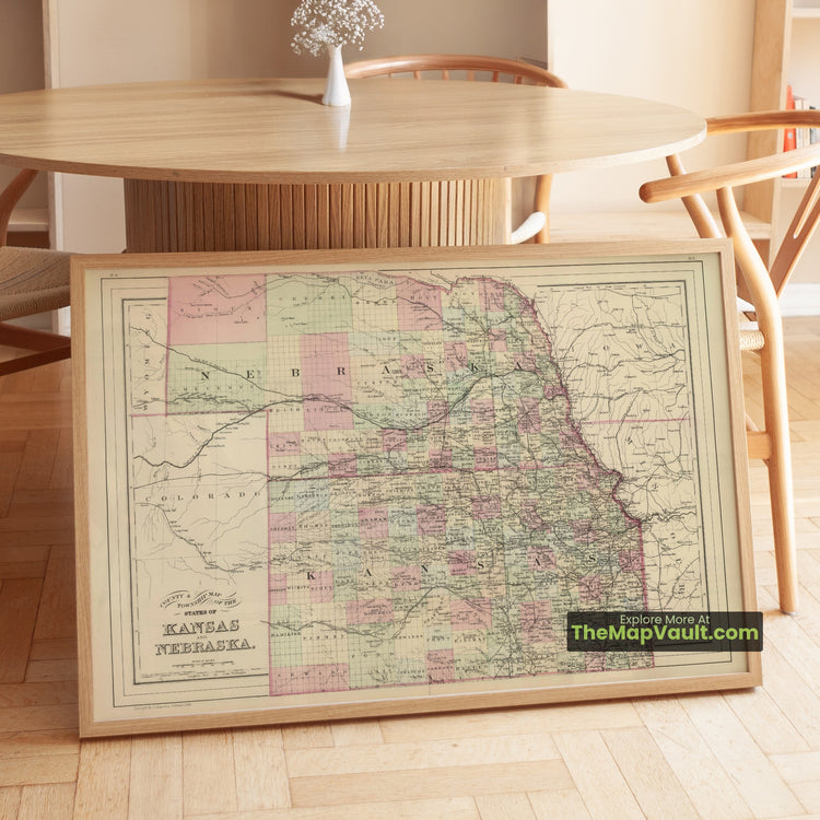 Kansas & Nebraska Map 1884 Township Print - Topeka, Wichita, Omaha, Lincoln - image 1
