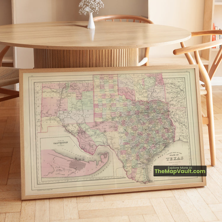 Texas Map 1884 County Print - Austin, Houston, Galveston - image 1