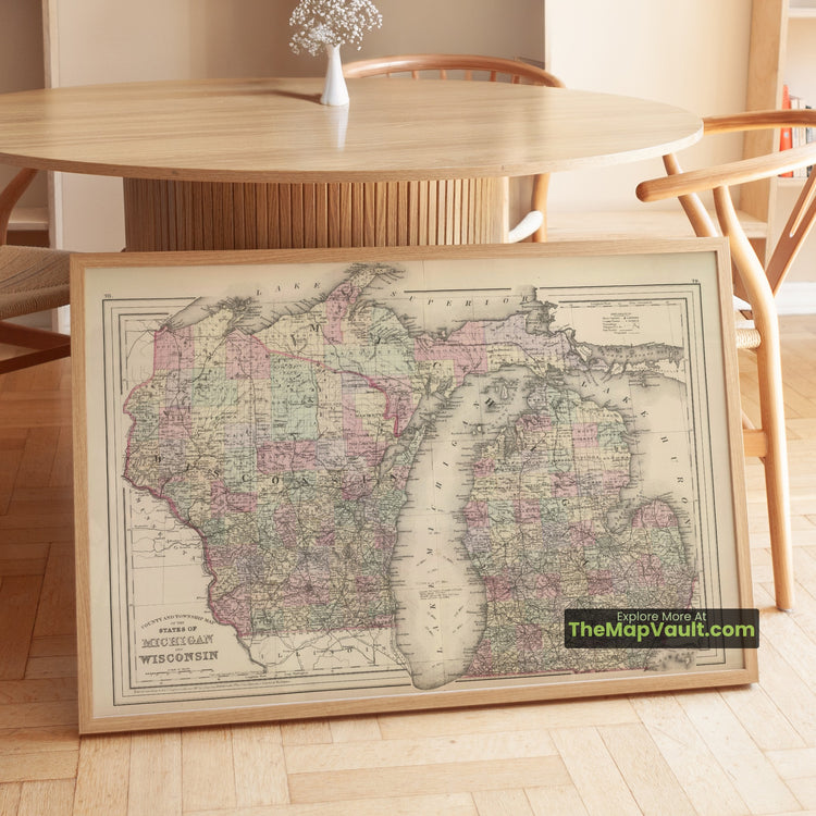 Michigan & Wisconsin Map 1882 Township Print - Lansing, Detroit, Madison, Milwaukee - image 1