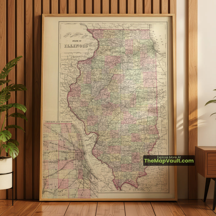 Illinois Map 1884 Township Print - Springfield, Chicago, Peoria - image 1