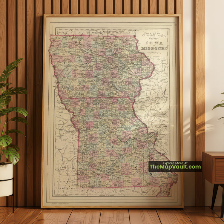 Iowa & Missouri Map 1884 Township Print - Des Moines, Dubuque, St. Louis, Jefferson City - image 1