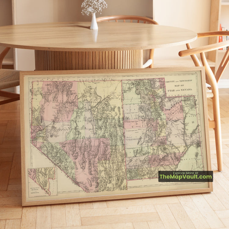 Utah & Nevada Map 1884 Township Print - Salt Lake City, Carson City, Reno - image 1