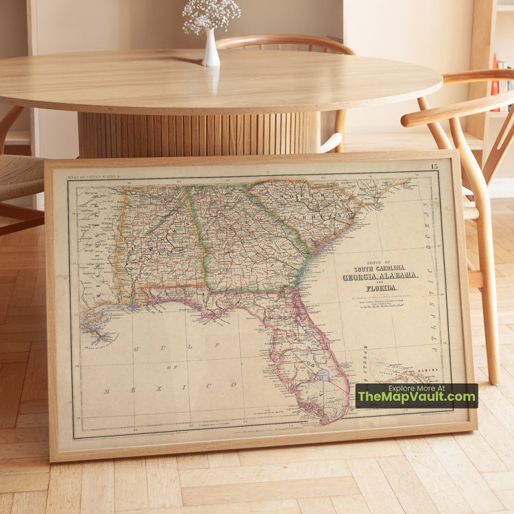 South Carolina, Georgia, Alabama & Florida Map 1857 Regional Print - Charleston, Savannah, Montgomery, Tallahassee - image 1