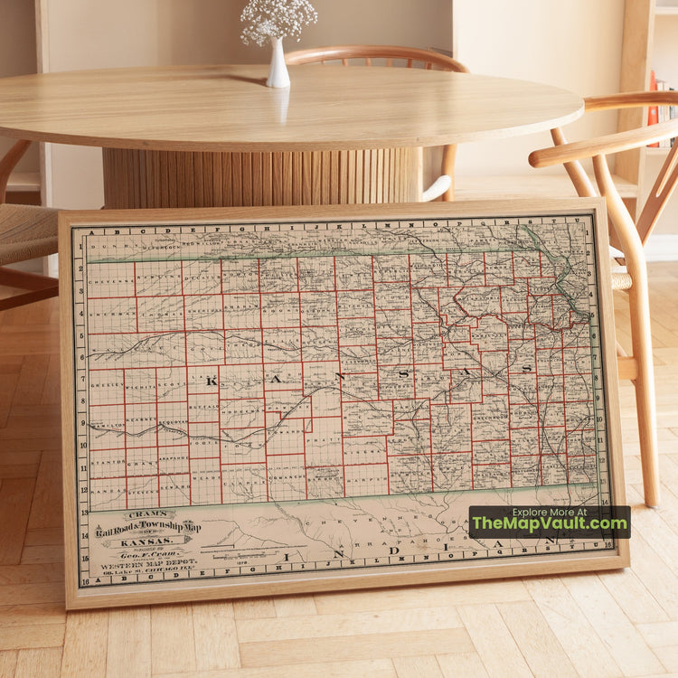 Kansas Map 1878 Railroad Print - Topeka, Wichita, Dodge City - image 1